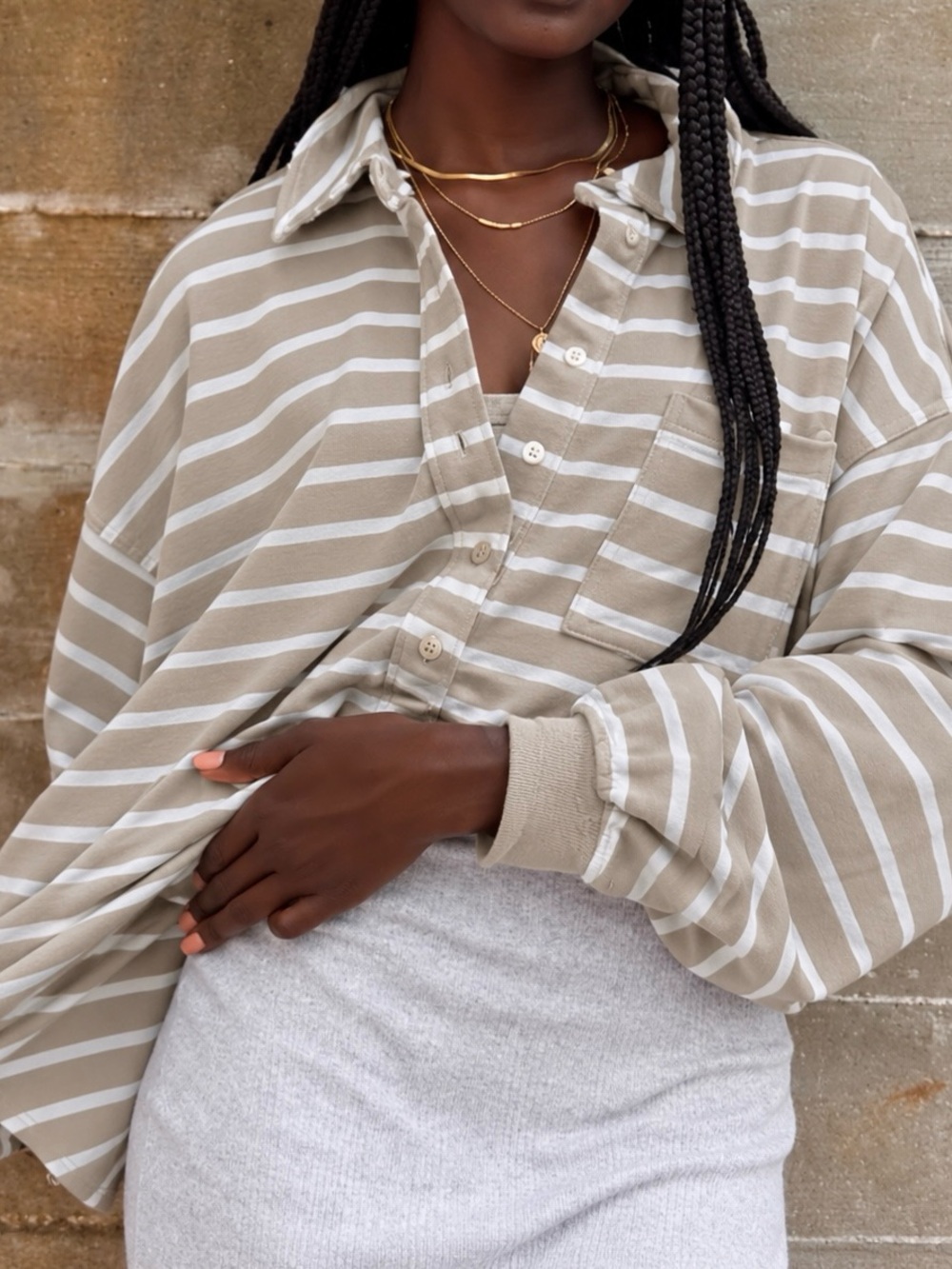 Aerie Beige and White Striped Quarter Button Down Collared Pullover - Size L